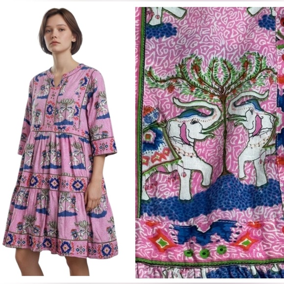 Mary Marshmallow Cotton Tiered Elephant Print Dress size M - Picture 1 of 12